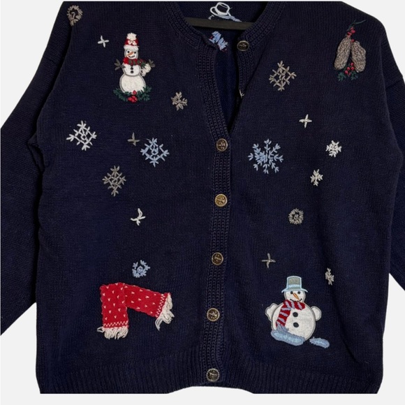 American Vintage Sweaters - VTG Chunky Knit Christmas Holiday Cardigan Sweater M Winter Snowmen Snowflakes